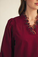 Jodifl Embroidered Scallop V Neckline Solid Top in Burgundy