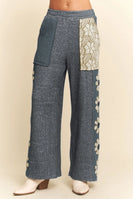 Davi & Dani Heavy Waffle Knit Pants with Flower Patches in Slate Blue