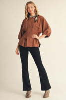 Jodifl Pintuck Waistline Detail Button Down Top in Mocha