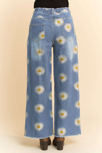 Davi & Dani Wide Leg Jeans with Daisy Flower Stitching in Blue Denim