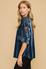 Load image into Gallery viewer, Umgee Velvet Split Neck Top with Floral Lace Sleeves in Slate Blue
