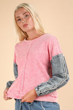 Load image into Gallery viewer, Very J OVERSIZED Terry Knit Top with Denim Sleeves in Rose
