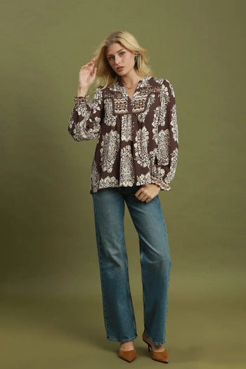 Umgee Boho Paisley Floral Contrast Yoke Blouse in Chocolate