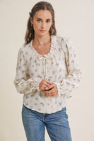 In February Floral Cotton Gauze Blouse in Dusty Blue