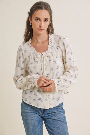 In February Floral Cotton Gauze Blouse in Dusty Blue