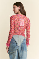 J.nna FITTED Mesh Heart Print Top in Red Hearts