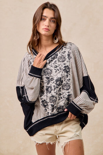 BiBi OVERSIZED Rose Twill and Stripe Mix n Match Top in Grey/Black