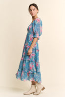 Davi & Dani Garden Floral Chiffon Midi Dress in Seafoam