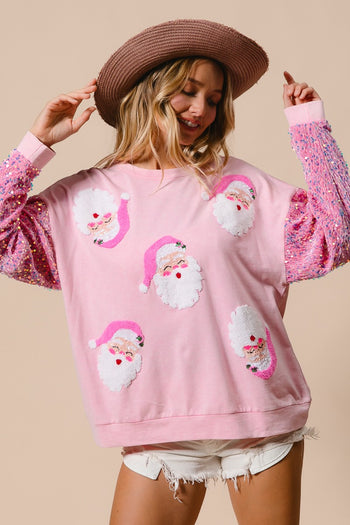 BiBi Santa Beard Patched Mineral Washed Top with Velvet Sequin Sleeves in Pink