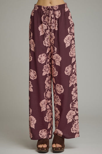 Entro Floral Print Wide Leg Pants in Plum
