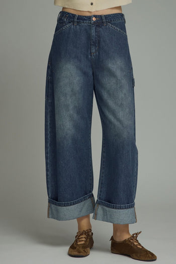 Entro Solid Denim Cuffed Wide Leg Pants in Denim