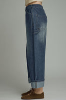 Entro Solid Denim Cuffed Wide Leg Pants in Denim