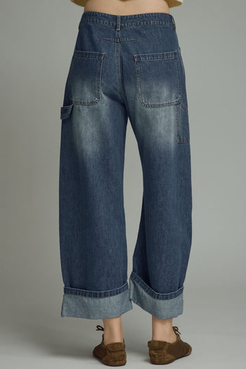 Entro Solid Denim Cuffed Wide Leg Pants in Denim