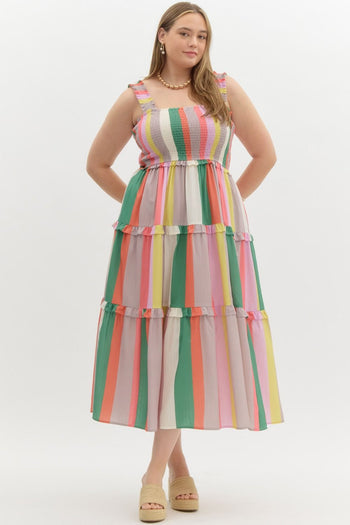 Entro Multi Colored Striped Tiered Midi Dress in Green Latte