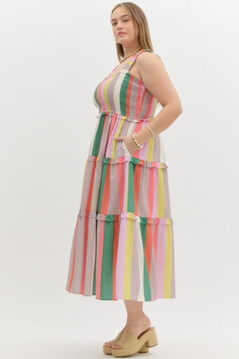Entro Multi Colored Striped Tiered Midi Dress in Green Latte
