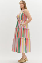 Load image into Gallery viewer, Entro Multi Colored Striped Tiered Midi Dress in Green Latte
