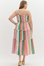 Load image into Gallery viewer, Entro Multi Colored Striped Tiered Midi Dress in Green Latte
