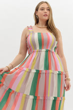 Load image into Gallery viewer, Entro Multi Colored Striped Tiered Midi Dress in Green Latte
