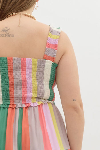 Entro Multi Colored Striped Tiered Midi Dress in Green Latte L Entro Multi Colored Striped Tiered Midi Dress in Green Latte L