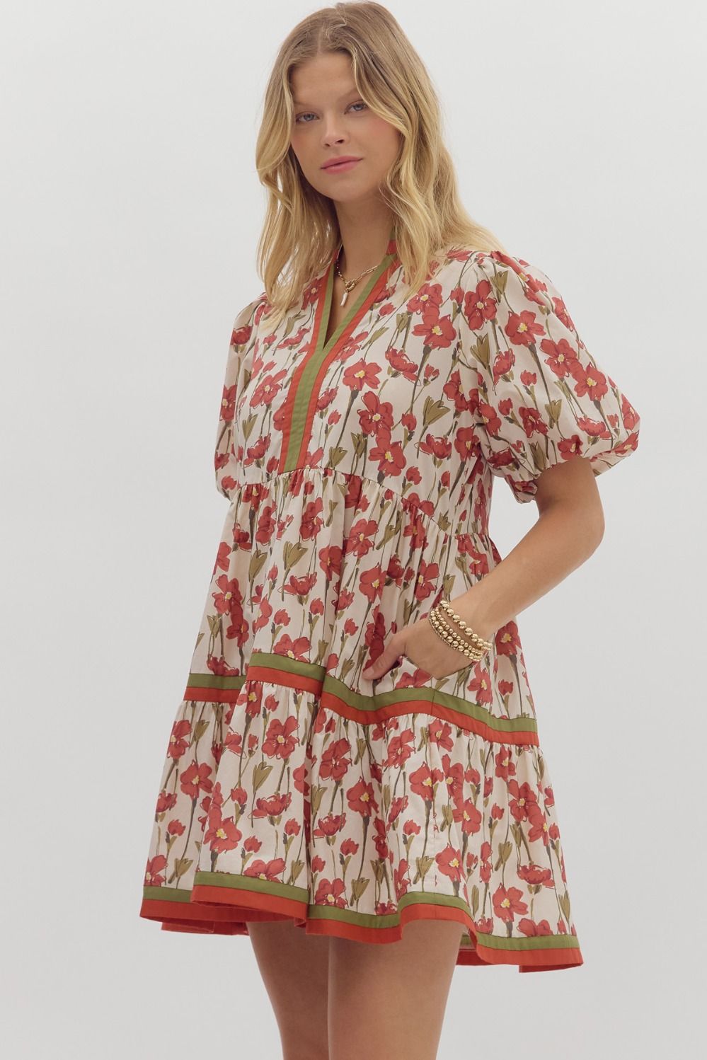 Entro Floral Print Tiered Mini Dress in Rust – June Adel