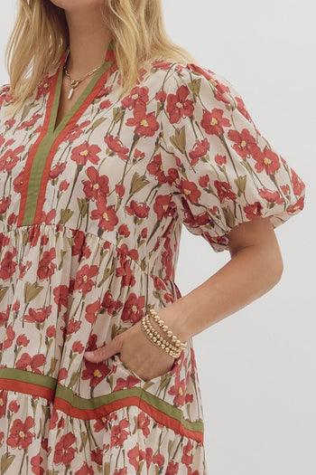 Entro Floral Print Tiered Mini Dress in Rust L Entro Floral Print Tiered Mini Dress in Rust L