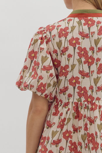 Entro Floral Print Tiered Mini Dress in Rust