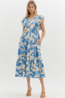 Entro Botanical Floral Print Midi Dress in Blue