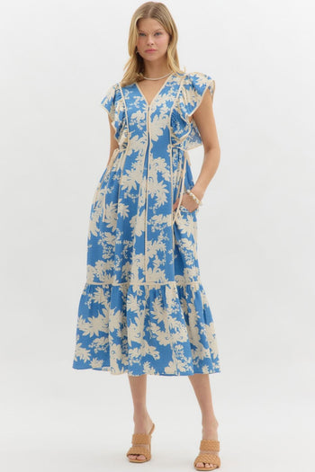 Entro Botanical Floral Print Midi Dress in Blue