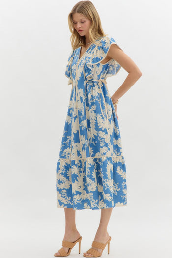 Entro Botanical Floral Print Midi Dress in Blue