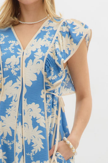 Entro Botanical Floral Print Midi Dress in Blue