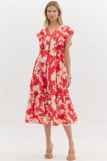 Entro Botanical Floral Print Midi Dress in Red