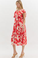 Entro Botanical Floral Print Midi Dress in Red
