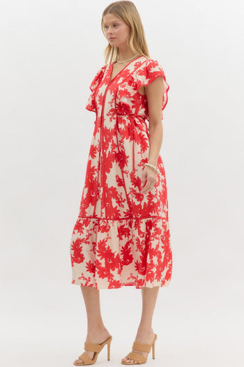 Entro Botanical Floral Print Midi Dress in Red