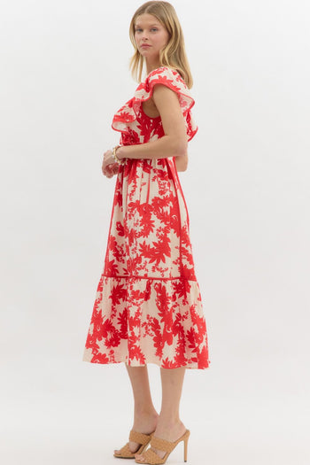 Entro Botanical Floral Print Midi Dress in Red