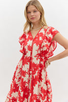 Entro Botanical Floral Print Midi Dress in Red