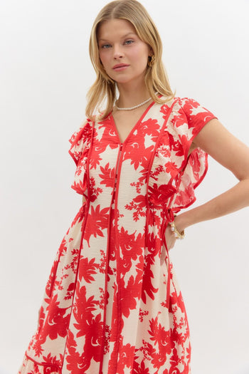 Entro Botanical Floral Print Midi Dress in Red