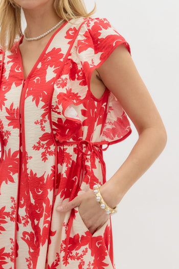 Entro Botanical Floral Print Midi Dress in Red