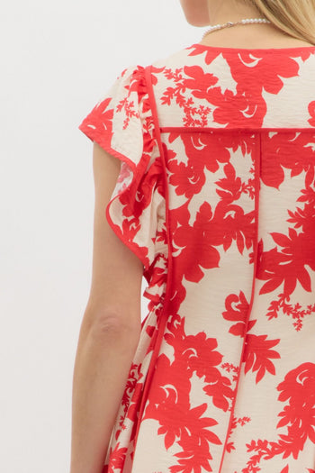 Entro Botanical Floral Print Midi Dress in Red