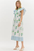 Entro Contrasting Floral print Midi Dress with Banded Accents in Off White