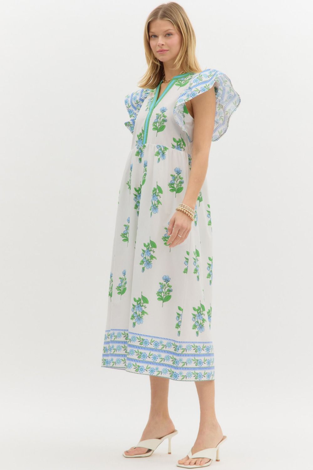 Entro Contrasting Floral print Midi Dress with Banded Accents in Off W