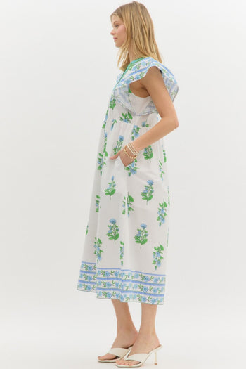 Entro Contrasting Floral print Midi Dress with Banded Accents in Off White