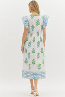 Entro Contrasting Floral print Midi Dress with Banded Accents in Off White