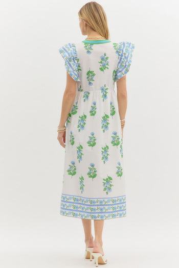 Entro Contrasting Floral print Midi Dress with Banded Accents in Off White