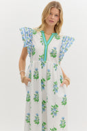 Entro Contrasting Floral print Midi Dress with Banded Accents in Off White