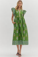 Entro Contrasting Floral print Midi Dress with Banded Accents in Green