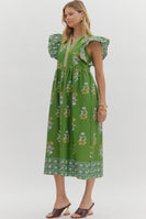 Entro Contrasting Floral print Midi Dress with Banded Accents in Green