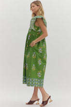 Load image into Gallery viewer, Entro Contrasting Floral print Midi Dress with Banded Accents in Green
