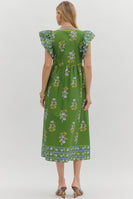 Entro Contrasting Floral print Midi Dress with Banded Accents in Green