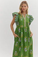 Entro Contrasting Floral print Midi Dress with Banded Accents in Green