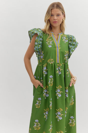 Entro Contrasting Floral print Midi Dress with Banded Accents in Green